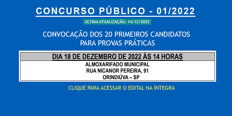 CONCURSO PÚBLICO 01/2022- CONVOCAÇÃO PARA AS PROVAS PRÁTICAS